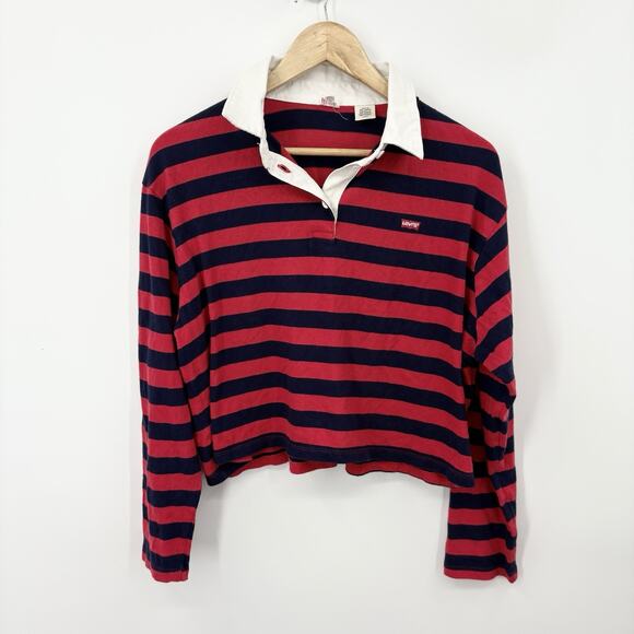 Levi’s Rugby Shirt Womens Small Cropped Pullover Preppy Old Money Sweatshirt 90s - Picture 1 of 5